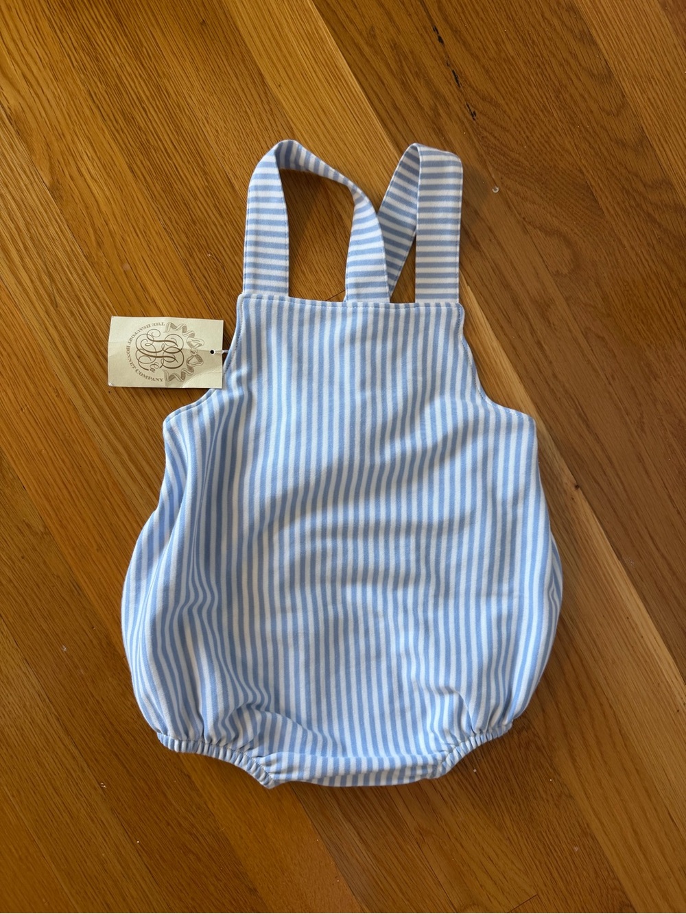 The Beaufort Bonnet Company Blue and White Striped Bubble Romper with Straps